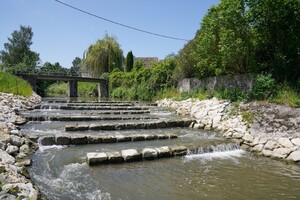 Das Foto zeigt einen Fluss, in dem mit Natursteinen Stufen eingebaut sind. Man nennt das Fischtreppe - also eine Möglichkeit für Fische das Flussniveau zu überwinden. Fischtreppen ersetzen Wehre.