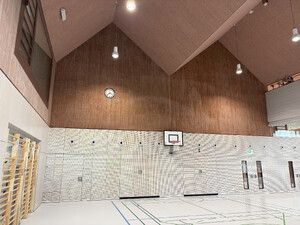 Das Bild zeigt die Turnhalle von innen mit Basketballkorb und den roten Wänden