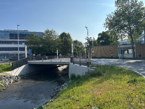 Auf dem Bild sieht man eine Betonbrücke mit Geländer über einen kleinen Fluß - den Ratzengraben