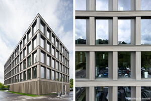 Auf dem bild sieht man eine Fassade mit vielen bodentiefen Fenstern, sehr geometrisch
