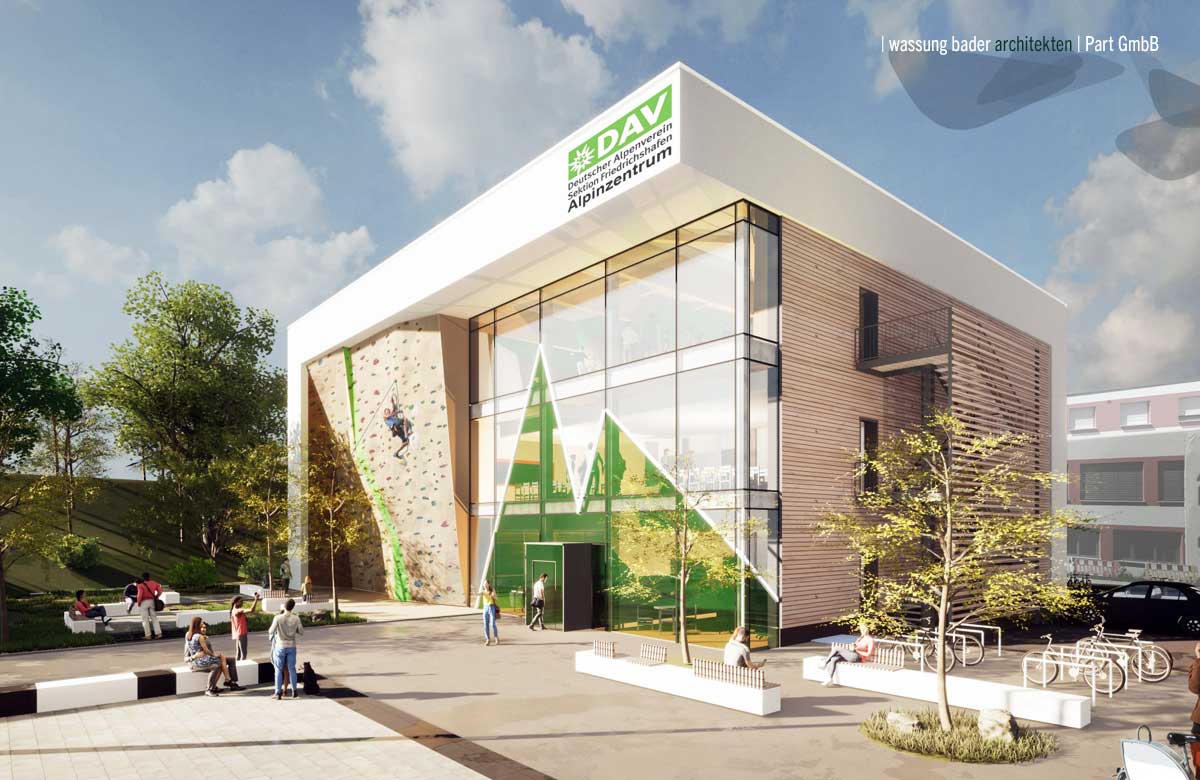 Das Foto zeigt eine Entwurfsvisualisierung des geplanten Alpinzentrums