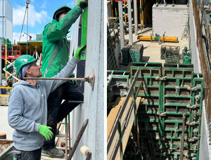 Das Foto zeigt zwei Bauarbeiter, die eine Fensterleibung im Rohbau der Baustelle Uhlmann Group Laupheim einsetzen