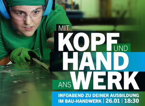 Auf dem Visual ist eine junge Frau mit Ohrschützern zu sehen. Sie beugt sich über ein Werkstück und prüft die Ausrichtung.