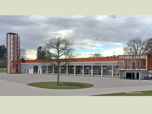Die Abbildung zeigt eine Entwurfsansicht des Feuerwehrhaus der Stadt Weißenhorn