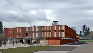 Die Abbildung zeigt eine Entwurfsansicht des Feuerwehrhauses der Stadt Weißenhorn