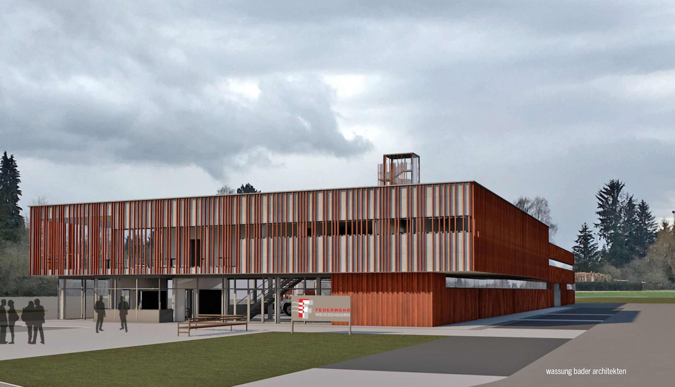 Die Abbildung zeigt eine Entwurfsansicht des Feuerwehrhauses der Stadt Wei&szlig;enhorn