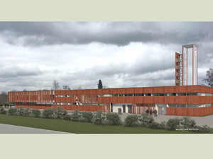 Die Abbildung zeigt eine Entwurfsansicht des geplanten Feuerwehrhauses der Stadt Weißenhorn, des Architekturbüros wassung bader architekten