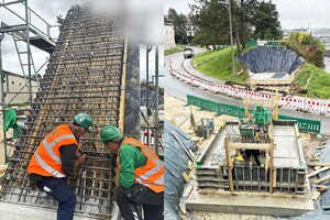 Das Foto zeigt zwei Brückenbaustellensituationen. Auf dem linken Teil sind zwei Baufacharbeiter zu sehen, die an der Bewehrung eines Trägers der Schrägstielbrücke arbeiten. Auf dem rechten Teil sieht man die Brückenbaustelle von oben.