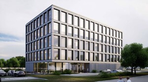 Das Foto zeigt ein Bürogebäude, perspektivisch dargestellt. Das Gebäude ist ein Kubus und hat fünf Stochwerke mit großen Fenstern.