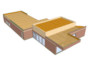 Das Bild zeigt eine 3D-Konstuktionszeichnung des Erweiterungsbaues des Planetariums in Laupheim von schräg oben