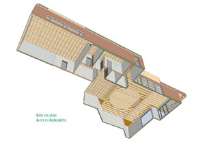 Das Bild zeigt eine 3D-Konstuktionszeichnung des Erweiterungsbaues des Planetariums in Laupheim von schräg unten