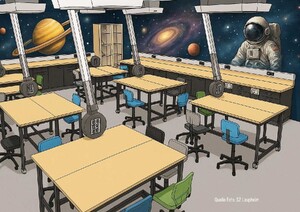 Auf dem Bild ist eine Animation eines Lehrraumes zu sehen. An den Wänden sind Bilder von Planeten und einem Astronauten abgebildet. Im Raum stehen Tische und Stühle