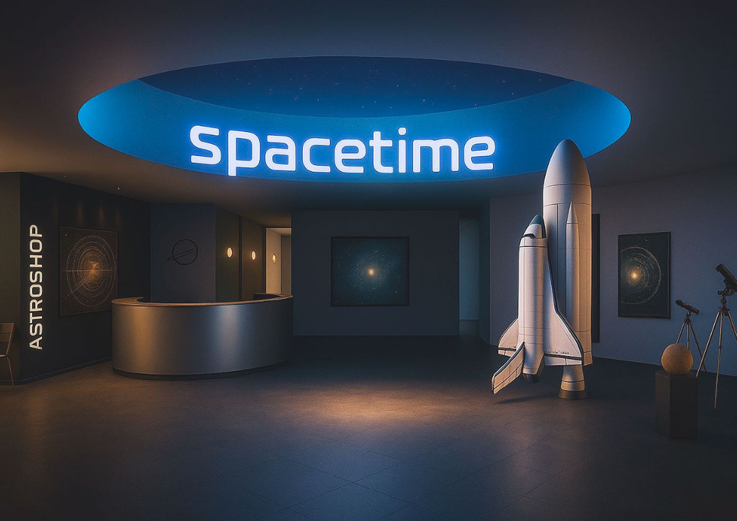Das Bild zeigt eine Architekturanimation des Foyers des zukünftigen Forums der Astronomie. Es ist ein dunkler Raum mit Counter und einer sehr großen runden Deckenöffnung zu sehen. in der Öffnung steht mit weißen Buchstaben das Wort Spacetime geschrieben.