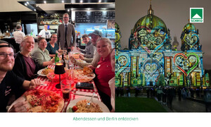 Collage aus zwei Fotos: Links sitzen Teilnehmende des Jugendbeirats gemeinsam bei einem Abendessen in einem Restaurant. Rechts ist ein illuminiertes Berliner Wahrzeichen bei einer Lichtinstallation am Abend zu sehen. Die Aufnahmen zeigen das Rahmenprogramm des Treffens in Berlin.