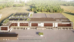 Die Abbildung zeigt eine Visualisierung eines Logistikzentrums, das derzeit in Ravensburg gebaut wird.