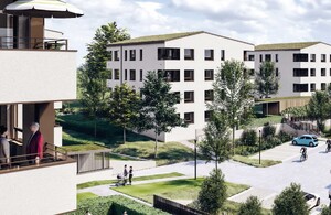 Visualisierung einer Gebäudeansicht des neuen Wohnquartiers 