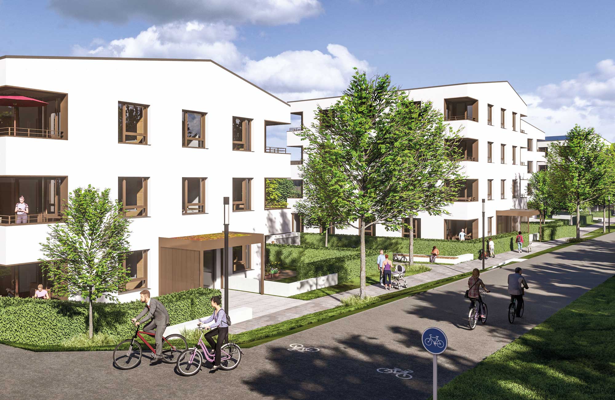 Visualisierung einer Gebäudeansicht des neuen Wohnquartiers "Wohnen im Klostergarten" in Laupheim