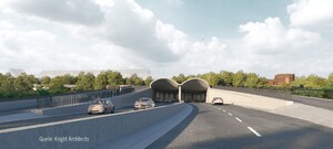Das Bild zeigt eine Animation der zukünftigen Tunneleinfahrt in Ulm. Unterfahren wird die B10 und das Gelände rund um das Blaubeurer Tor.